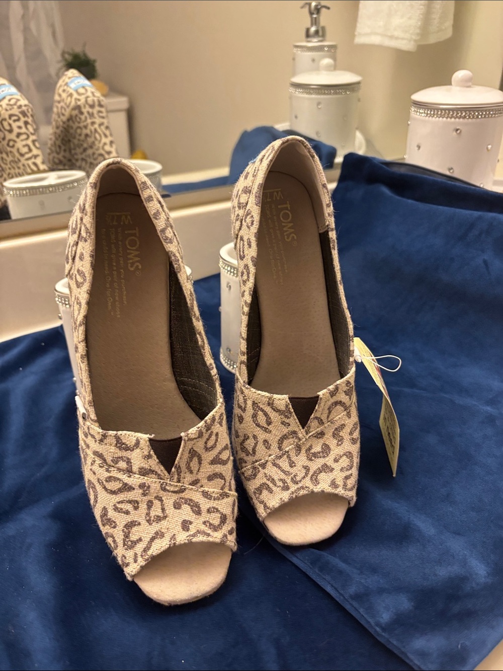TOMS Leopard Print Peep Toe Heels in Beige and Brown